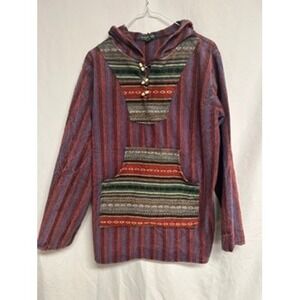 Kathmandu Imports Large Striped Baja Hoodie Woven Cotton‎ Toggle Pullover